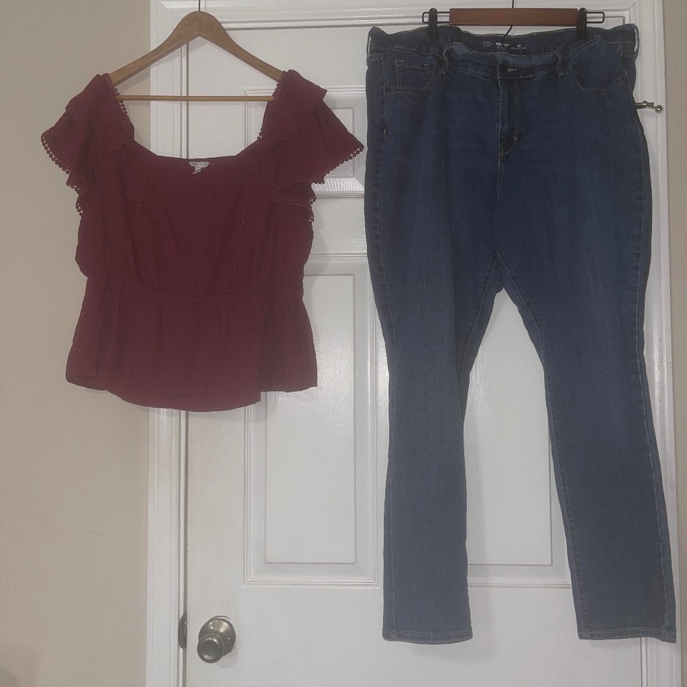 Cato Flutter Sleeve v neck top and Old Nave Stretch Regular